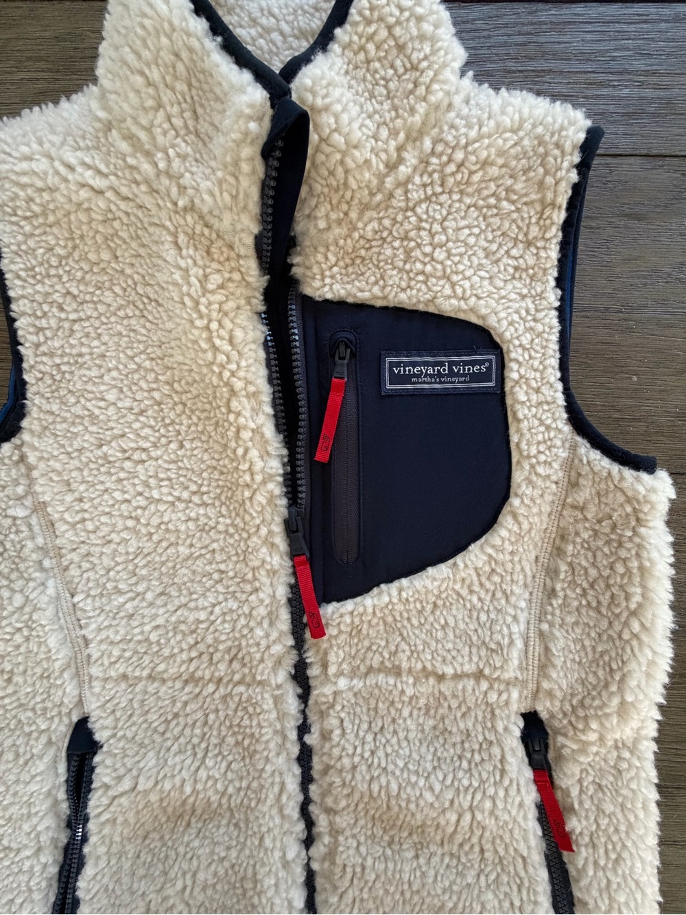 Vineyard Vines Navy Vest with Cream Sherpa and Blue Trim